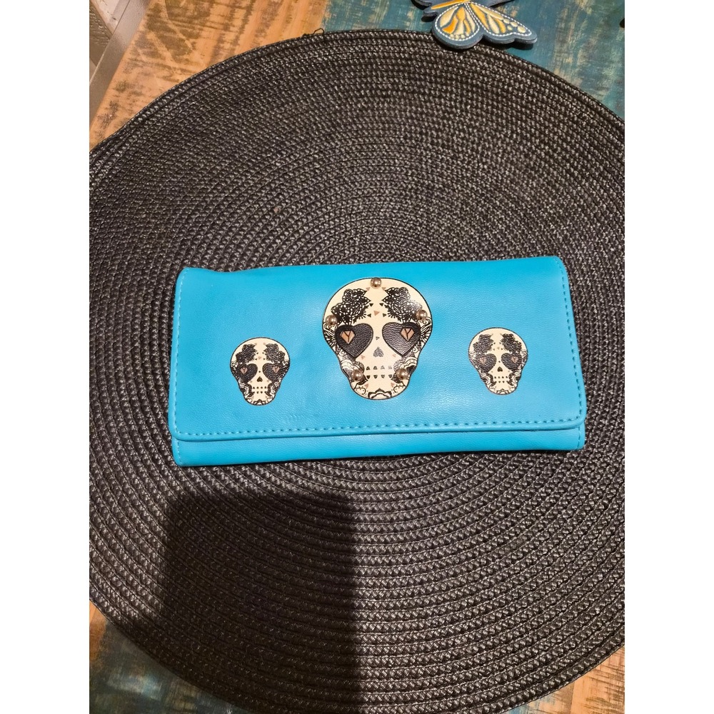 Turquoise Sugar Skull Wallet Day of the Dead Blue Faux Leather Trifold Organizer